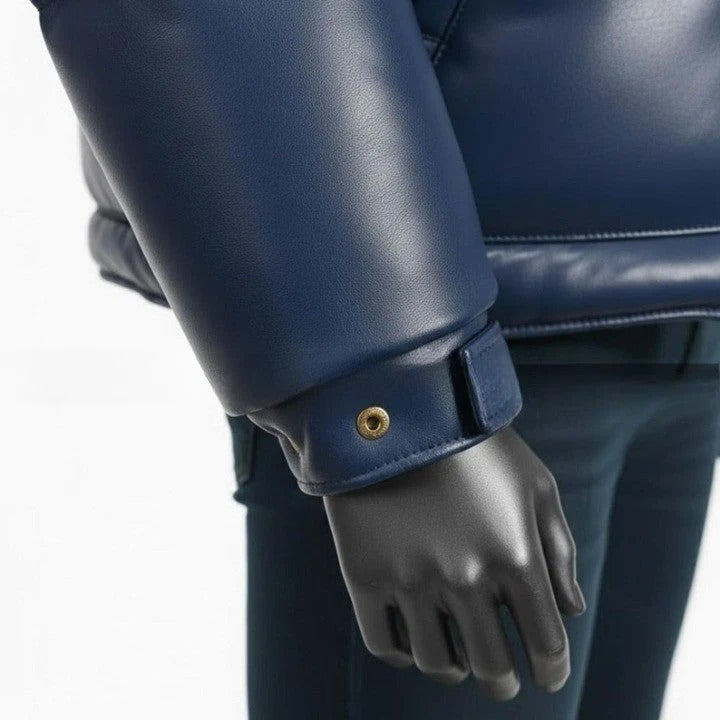 Blue Puffer Jacket with Yellow Shoulder Panels for Men Genuine Leather Puffer Coat