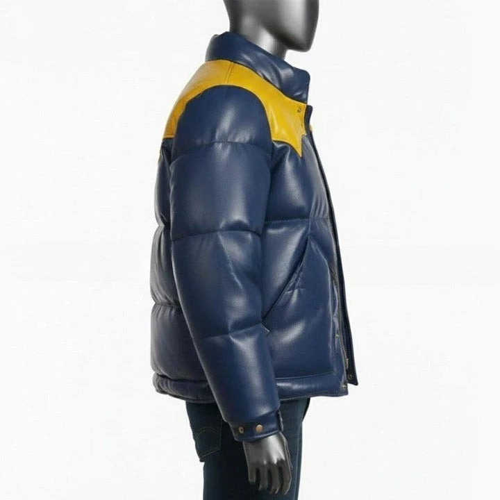 Blue Puffer Jacket with Yellow Shoulder Panels for Men Genuine Leather Puffer Coat