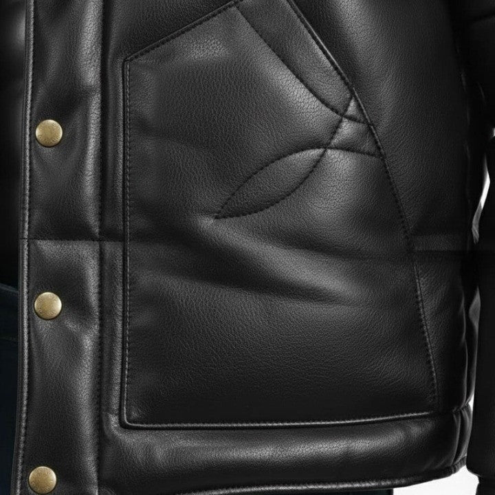 Black Padded Jacket with White Yoke Detail For Men Genuine Leather Puffer Coat