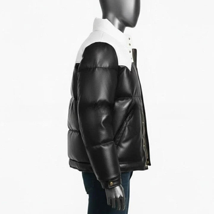 Black Padded Jacket with White Yoke Detail For Men Genuine Leather Puffer Coat