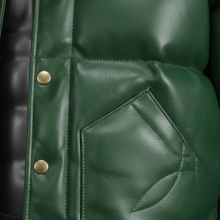 Mens Green Leather Puffer Jacket Yellow Yoke Winter Coat