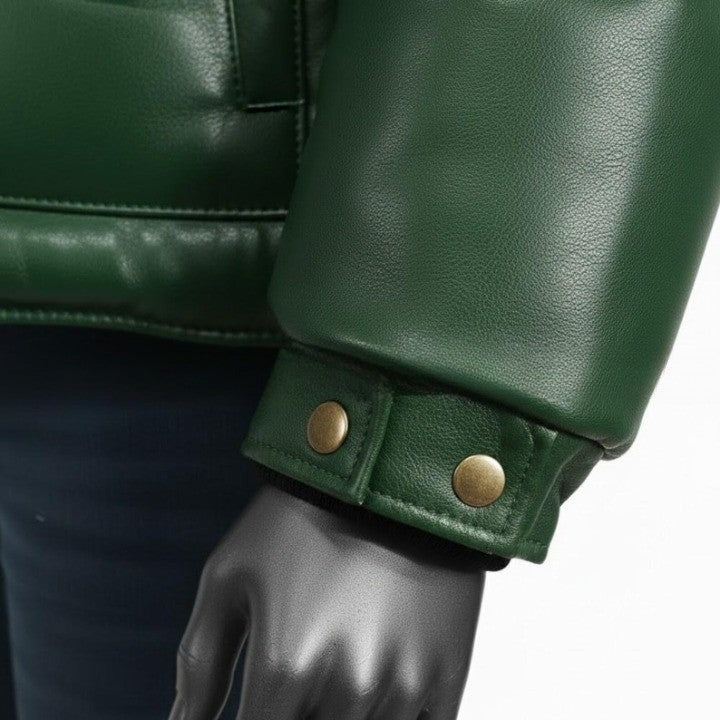 Mens Green Leather Puffer Jacket Yellow Yoke Winter Coat