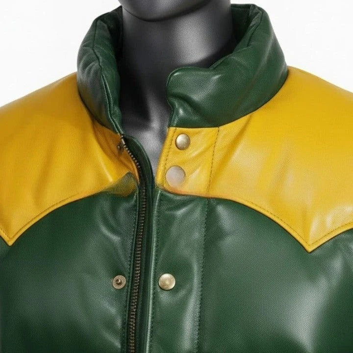 Mens Green Leather Puffer Jacket Yellow Yoke Winter Coat