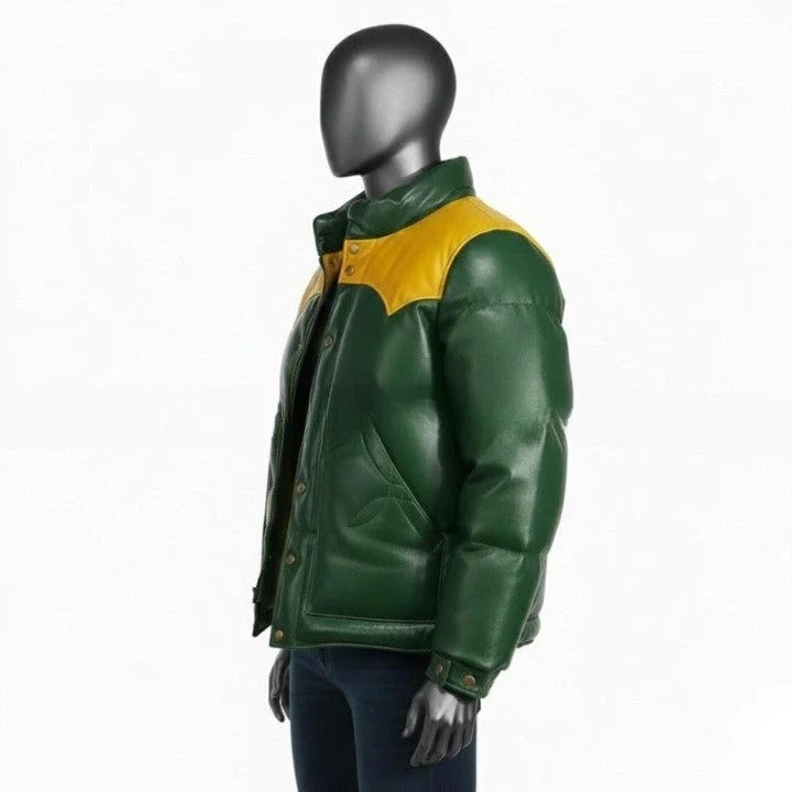 Mens Green Leather Puffer Jacket Yellow Yoke Winter Coat