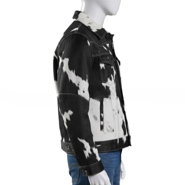 Men’s Black & White Cow Print Jacket – Stylish Casual Outerwear
