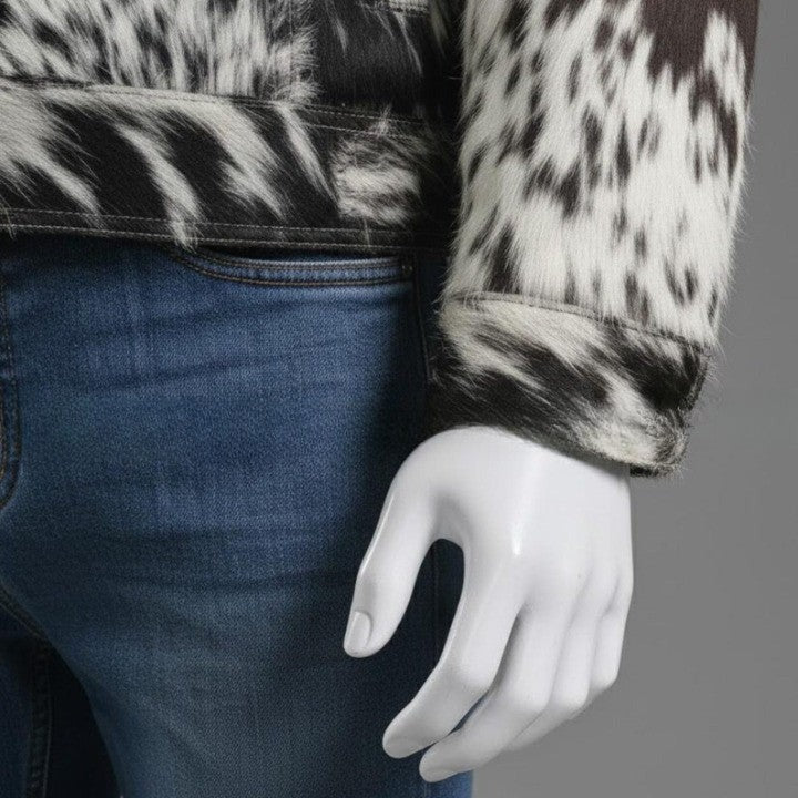 Mens Black and White Textured Leather Jacket with Modern Panel Design and Button Front