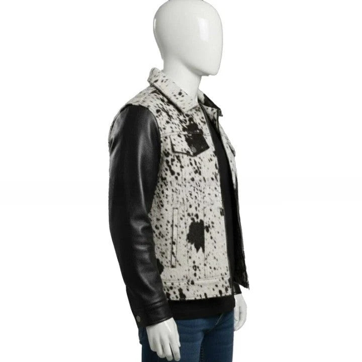 Mens Black and White Textured Leather Jacket with Modern Panel Design and Button Front