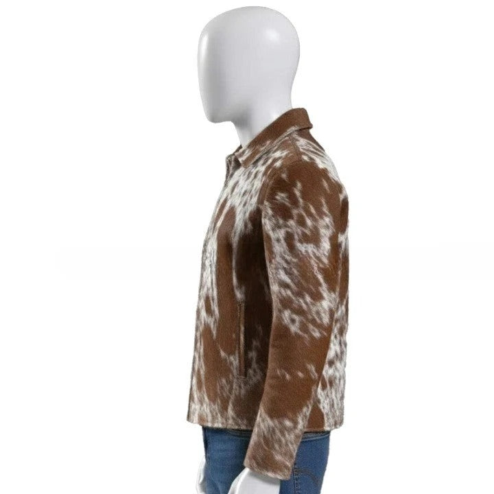 Mens Mocha Brown Zip Leather Jacket with All Over Marbled Texture Sleek Everyday Casual Wear