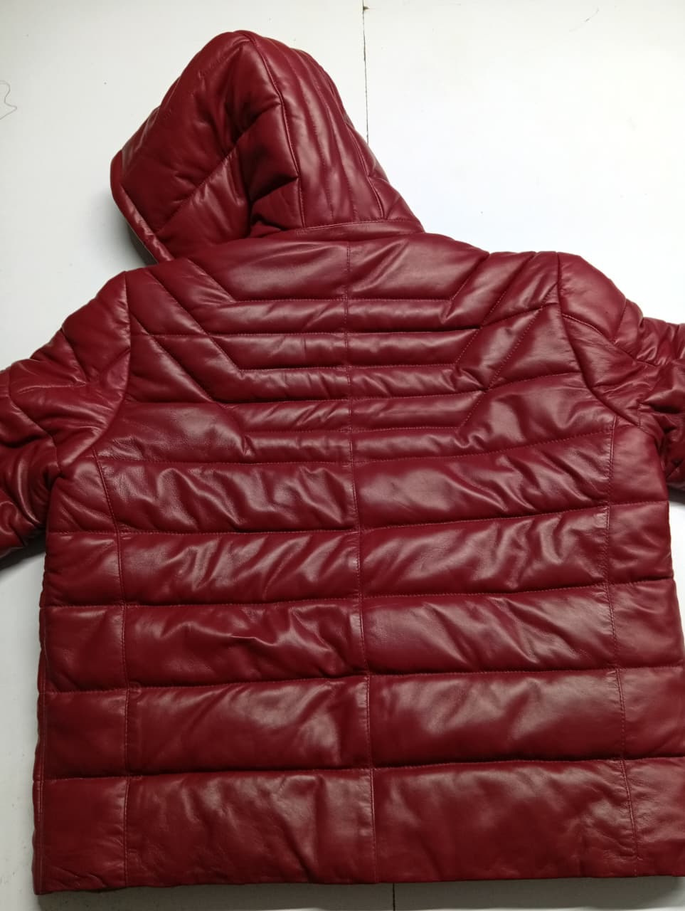 Hooded Leather Puffer Padded Jacket Cherry