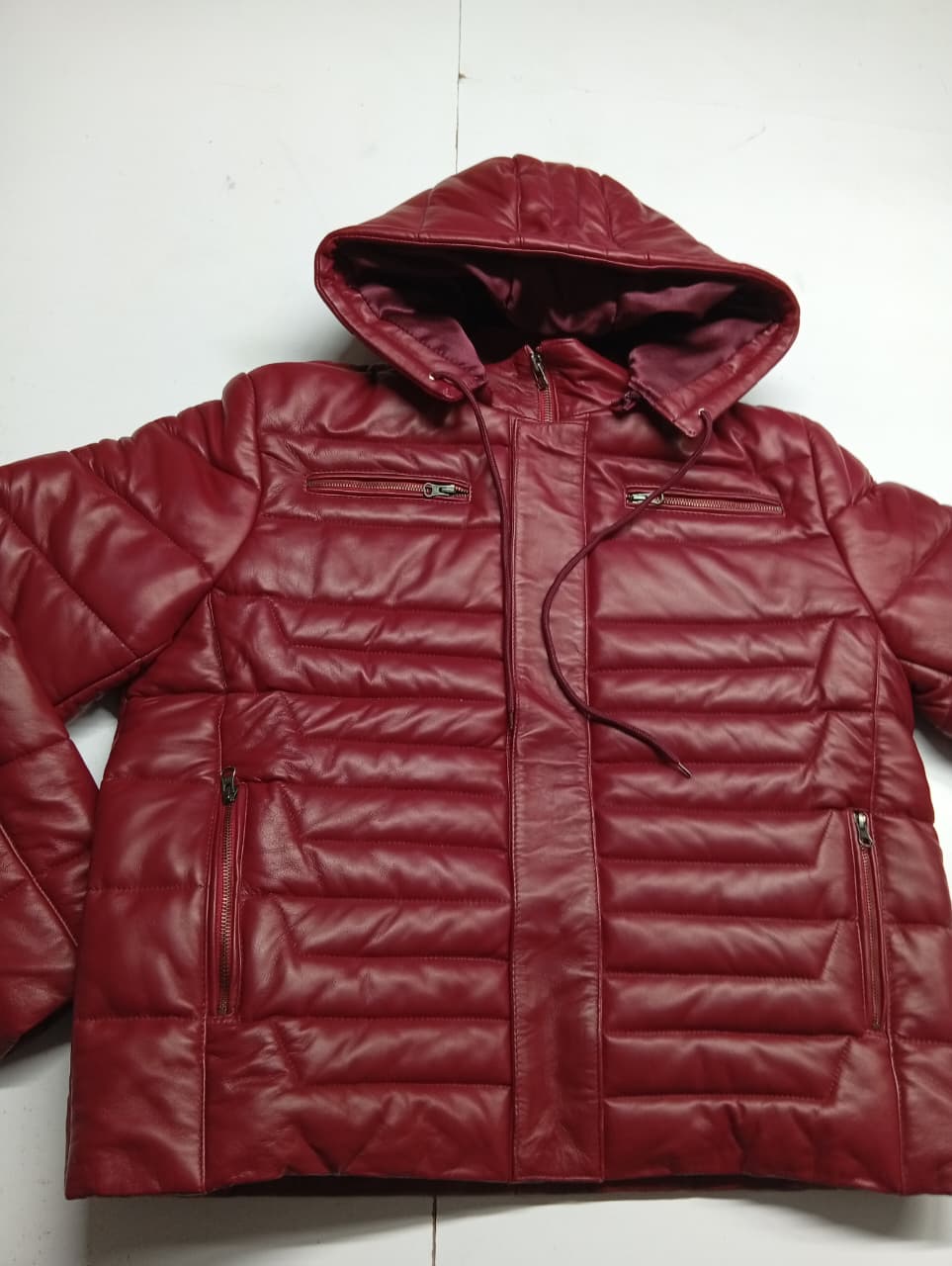 Hooded Leather Puffer Padded Jacket Cherry