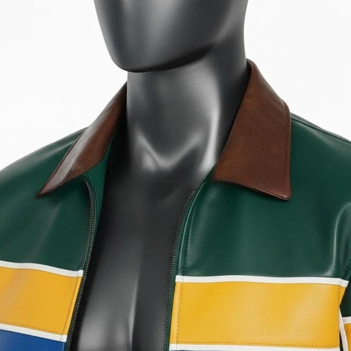 Genuine Leather green Jacket with Yellow And Blue Accent Panels