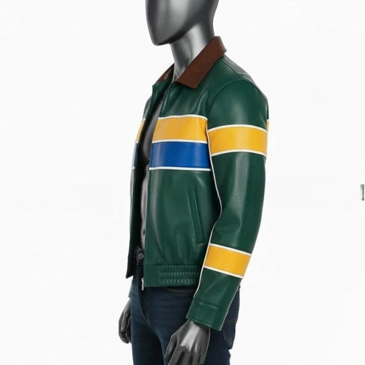 Genuine Leather green Jacket with Yellow And Blue Accent Panels