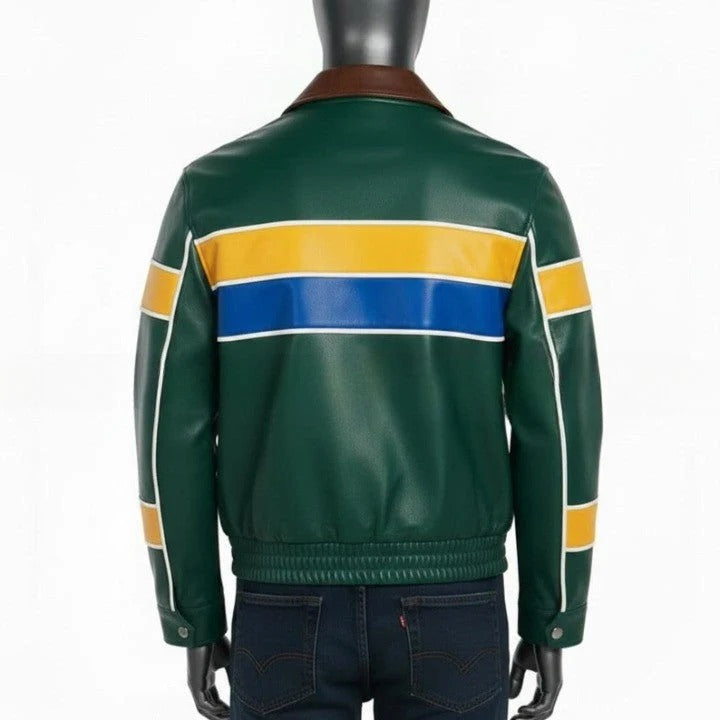 Genuine Leather green Jacket with Yellow And Blue Accent Panels
