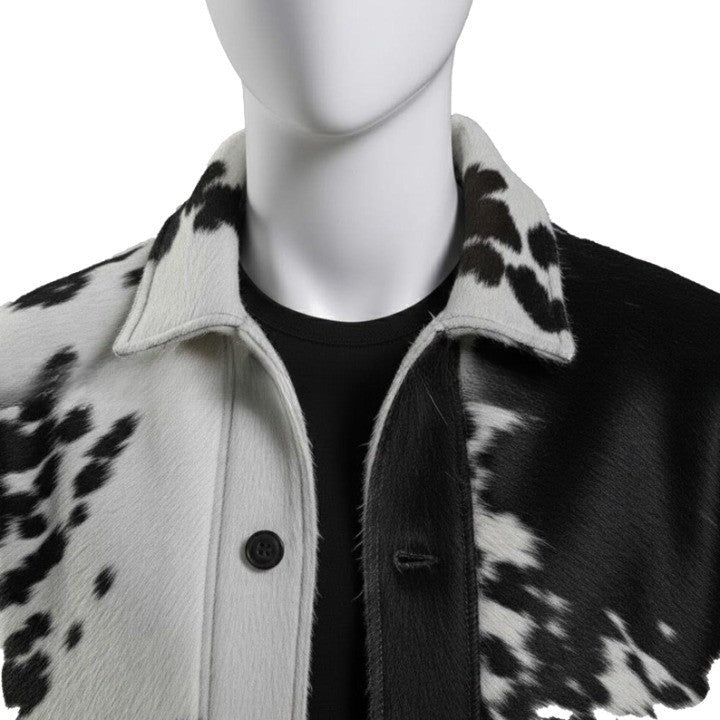 Mens HairOn Cowhide Leather Trucker Jacket Black and White Panel, Handmade