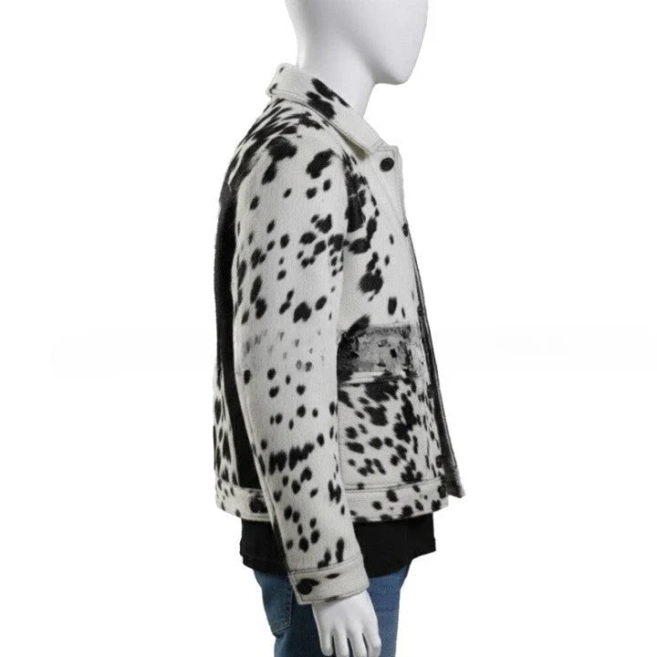 Mens HairOn Cowhide Leather Trucker Jacket Black and White Panel, Handmade