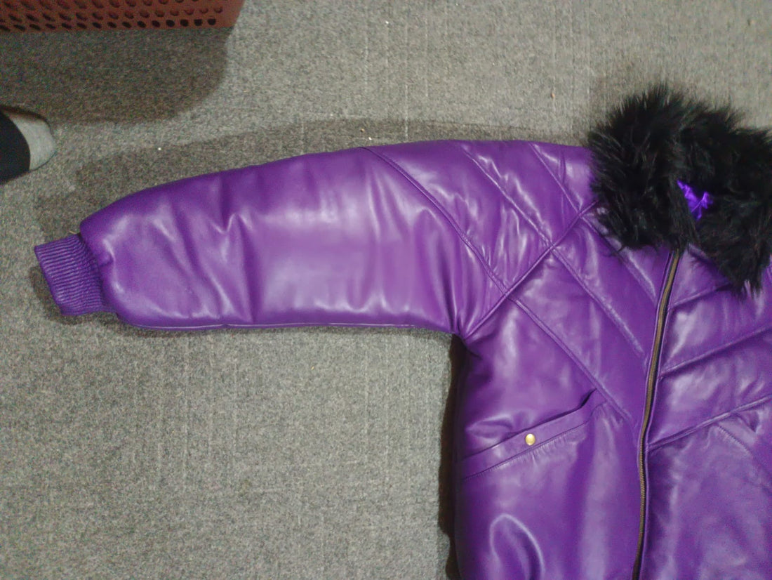 Men's Purple Leather V- Puffer Jakcet