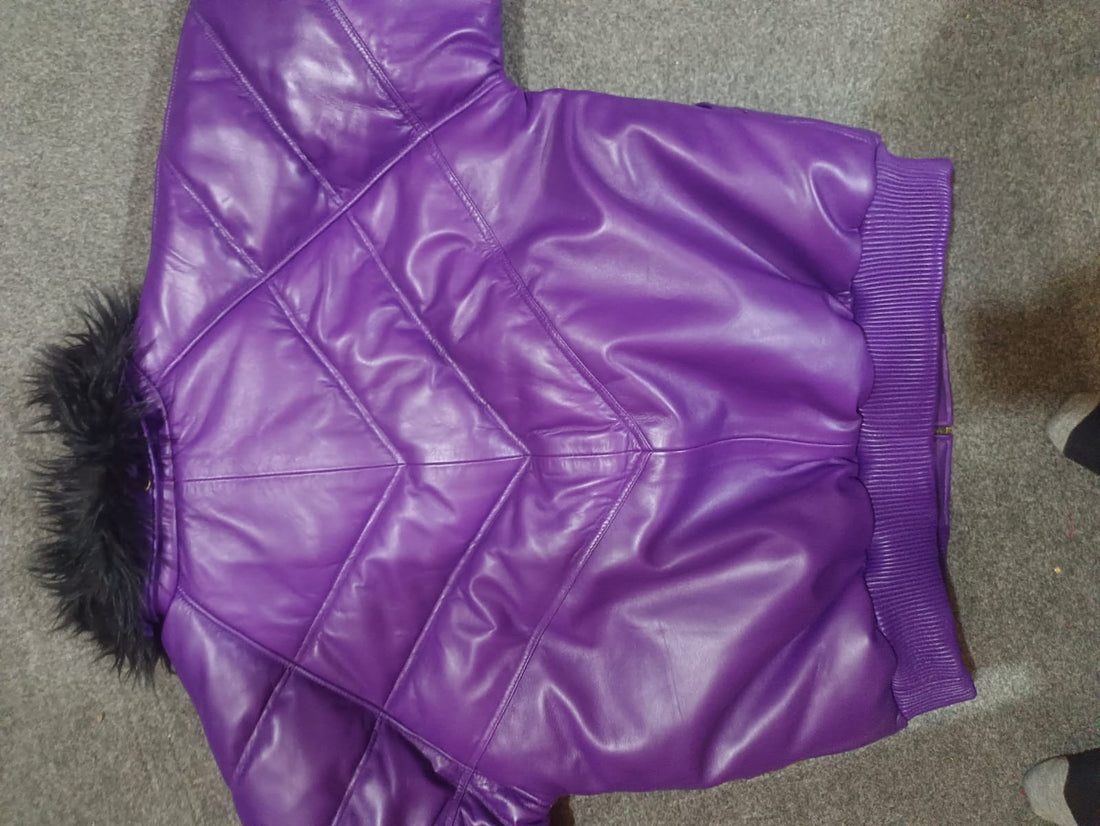 Men's Purple Leather V- Puffer Jakcet
