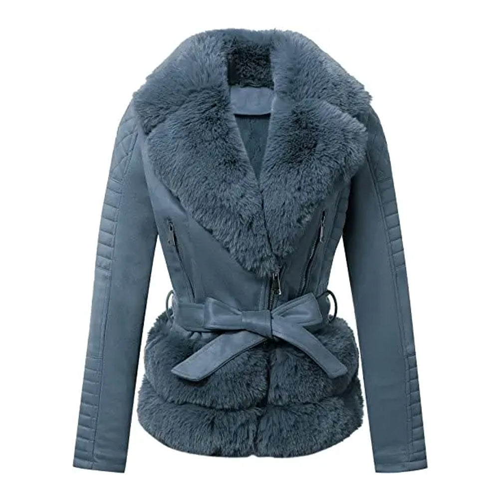 Women Blue Quilted Fur Leather Jacket
