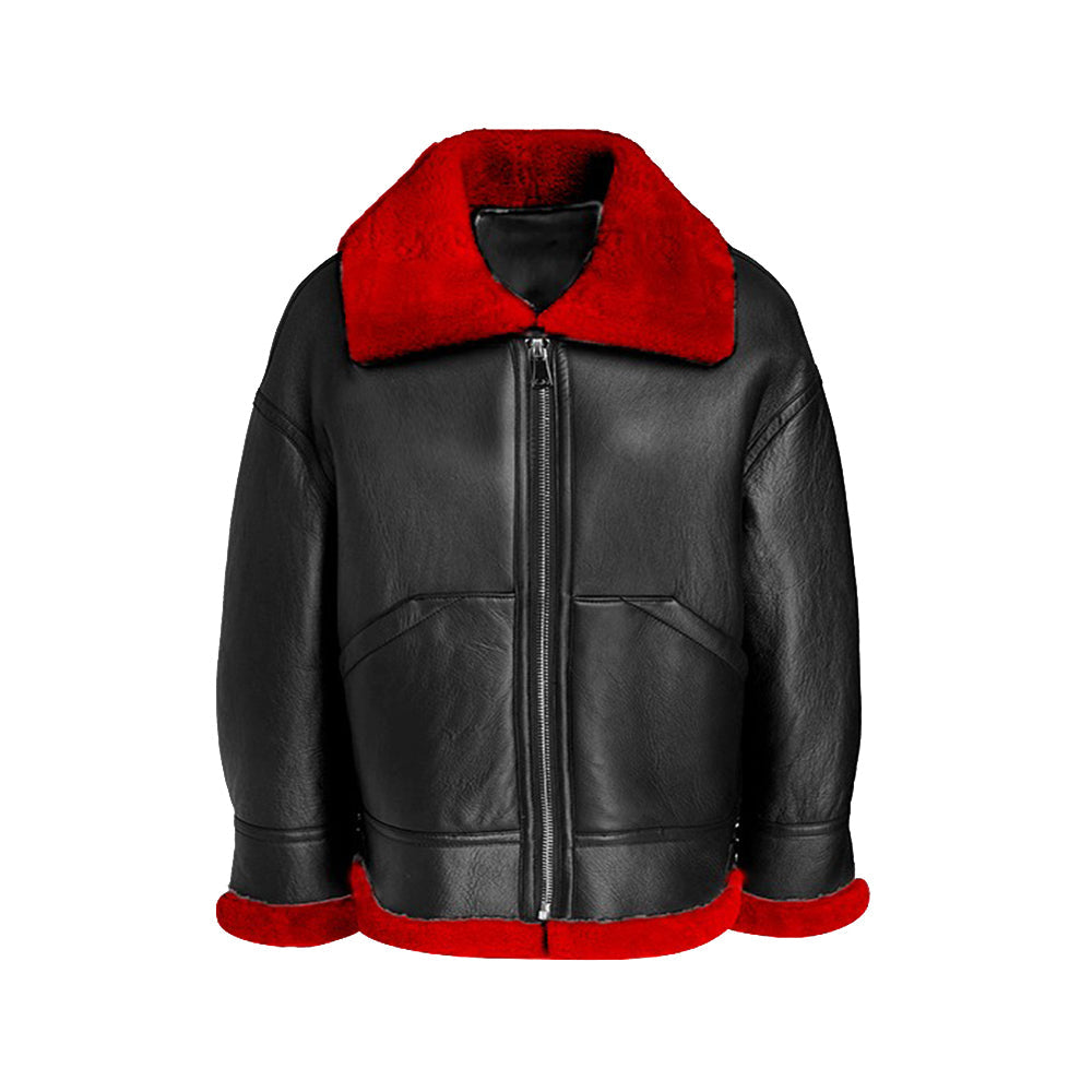 Women’s Aviator Leather Jacket with Red Shearling
