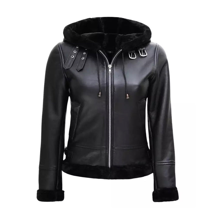 Women’s Black Shearling Leather Jacket With Hood