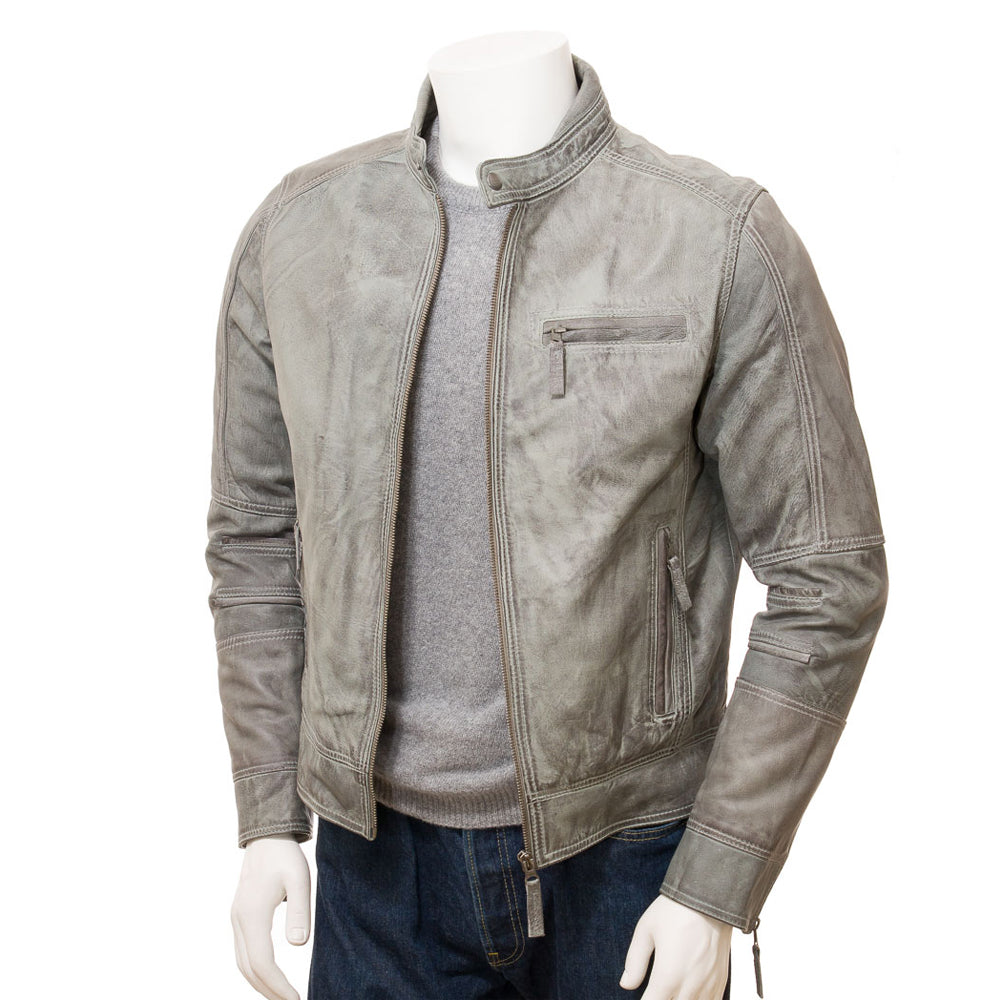 Gray Fashion Men Biker Leather Jacket