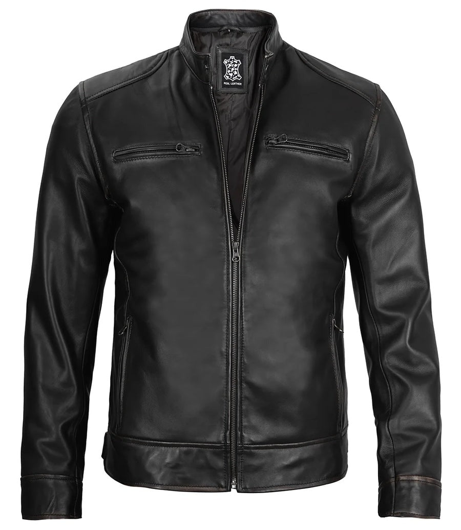 Real Leather Men's Black Cafe Racer Jacket