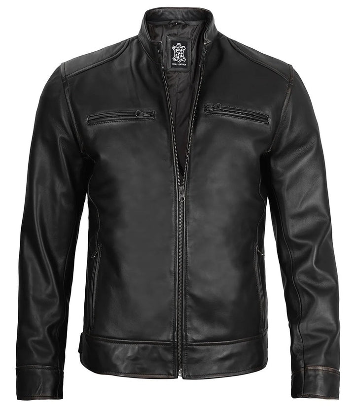 Real Leather Men's Black Cafe Racer Jacket