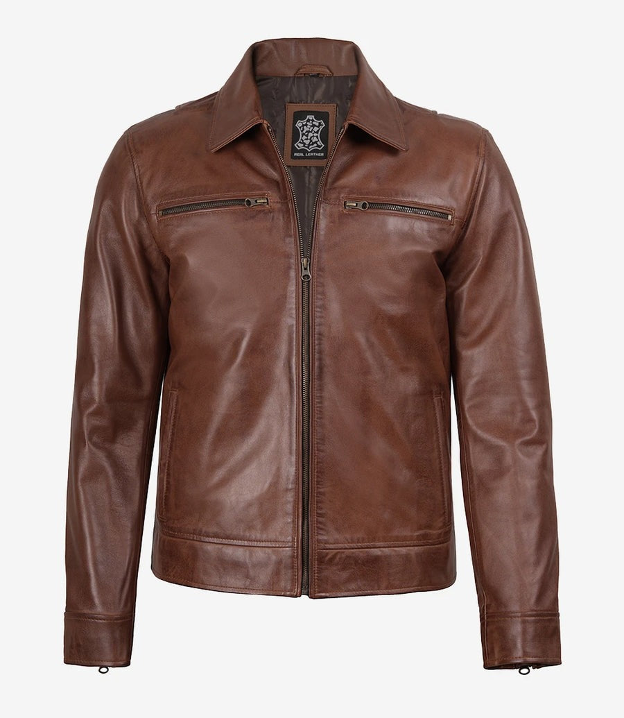 Men's Cognac Brown Leather Shirt Collar Jacket