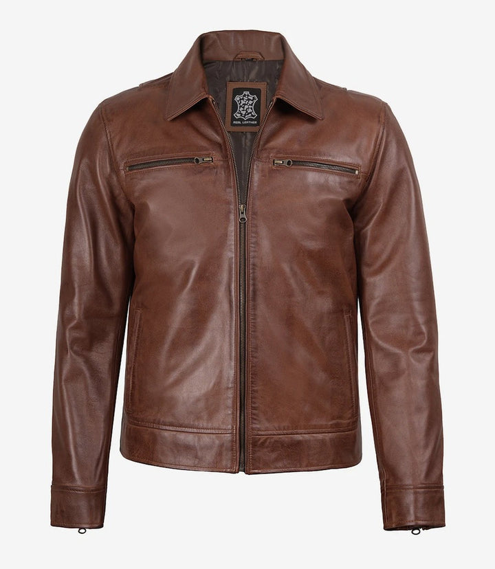 Men's Cognac Brown Leather Shirt Collar Jacket