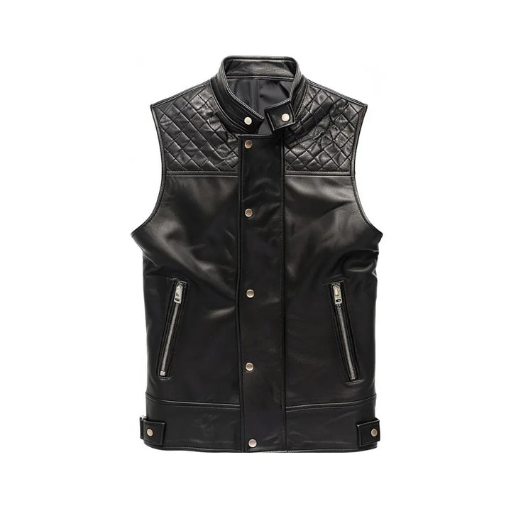 Men Black Quilted Style Leather Vest
