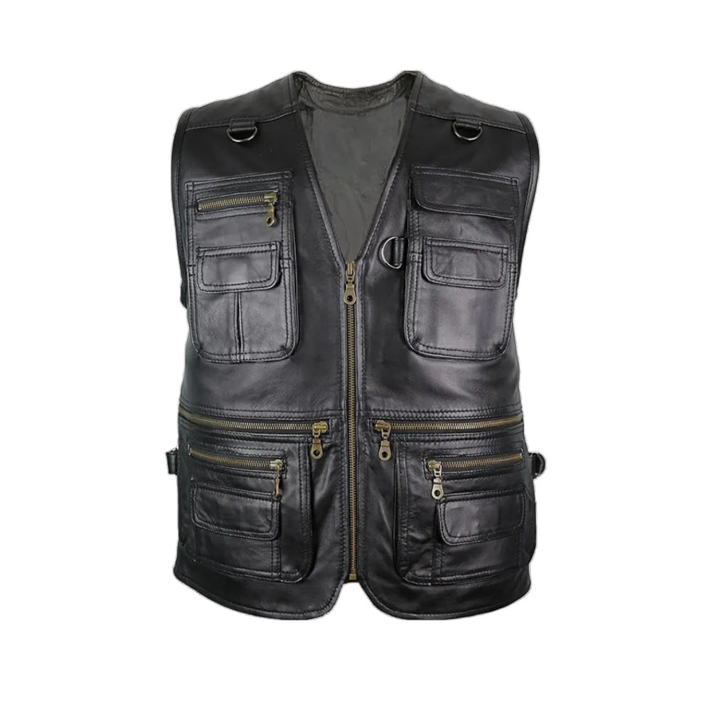 Unisex Black V-Neck Hunting Leather Vest