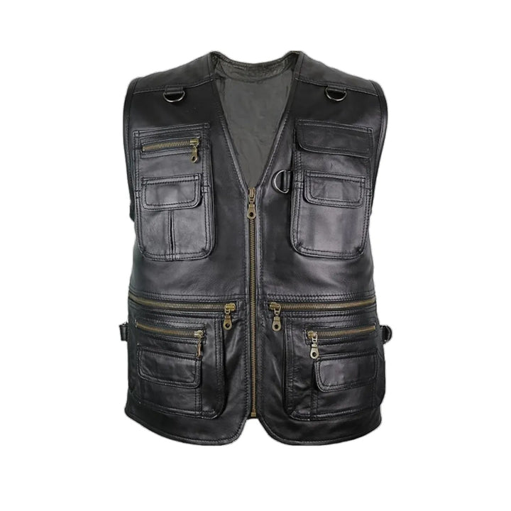 Unisex Black V-Neck Hunting Leather Vest