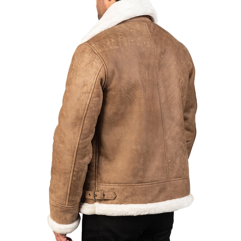 Men’s Fur Collar Distressed Brown Leather Bomber Jacket