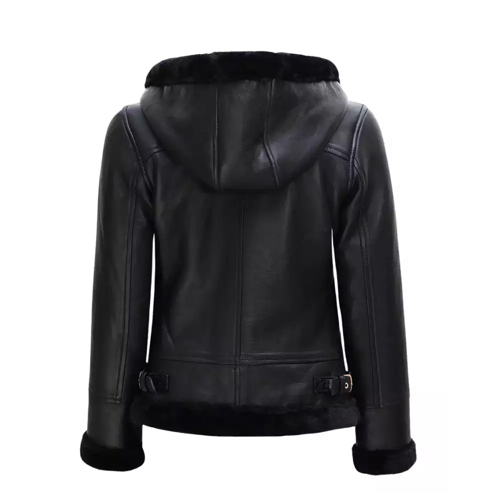 Women’s Black Shearling Leather Jacket With Hood