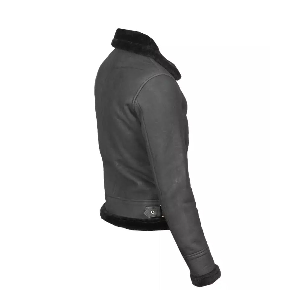 Black Shearling B-3 Leather Bomber Grey Jacket
