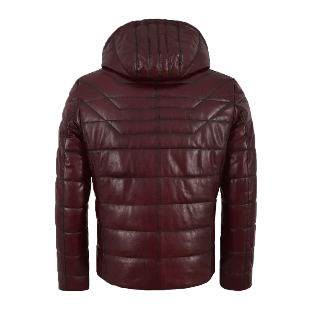 Hooded Leather Puffer Padded Jacket Cherry
