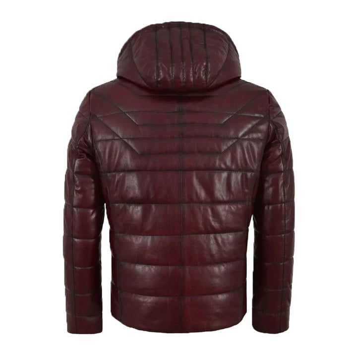 Hooded Leather Puffer Padded Jacket Cherry