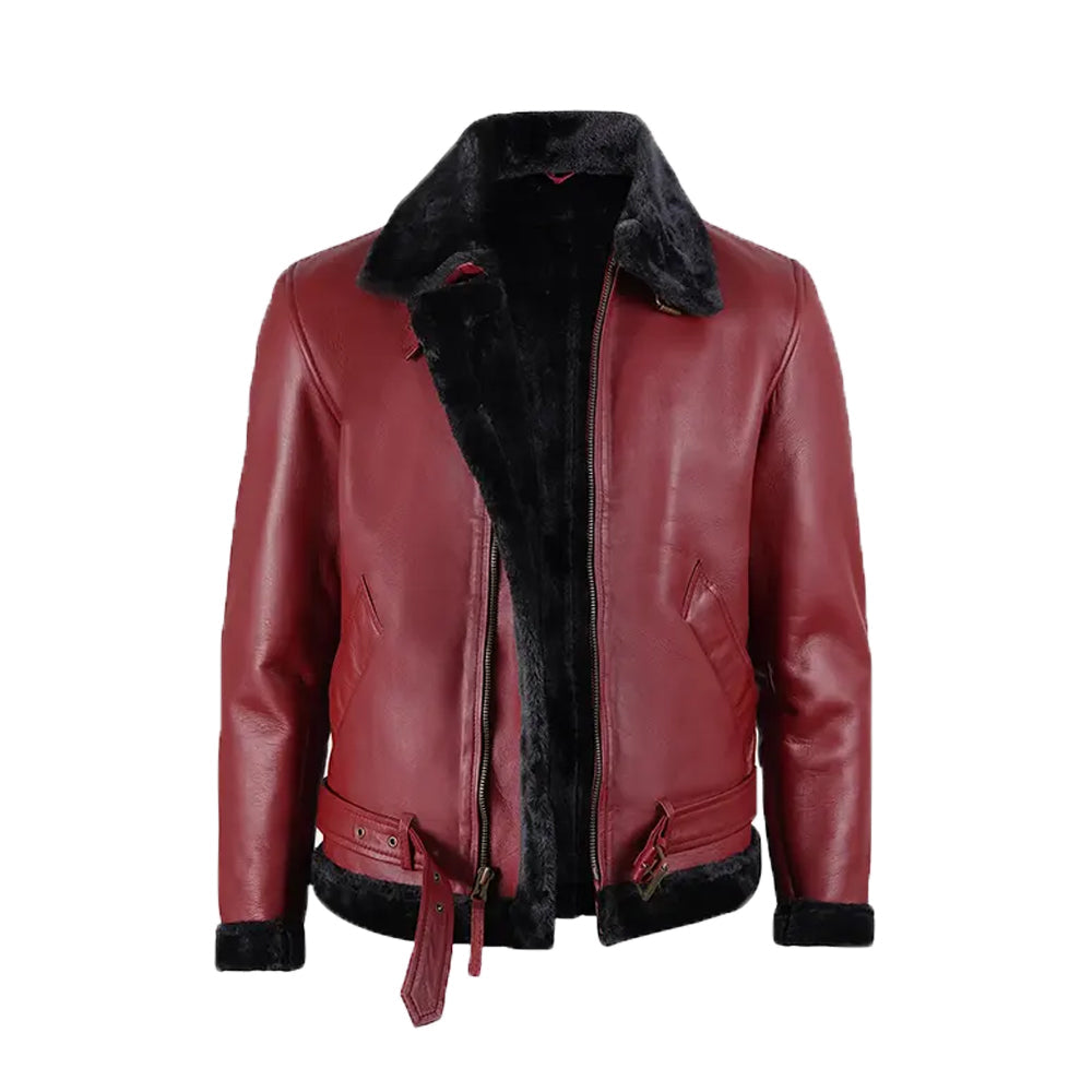 Men's Maroon Leather Shearling Bomber Jacket