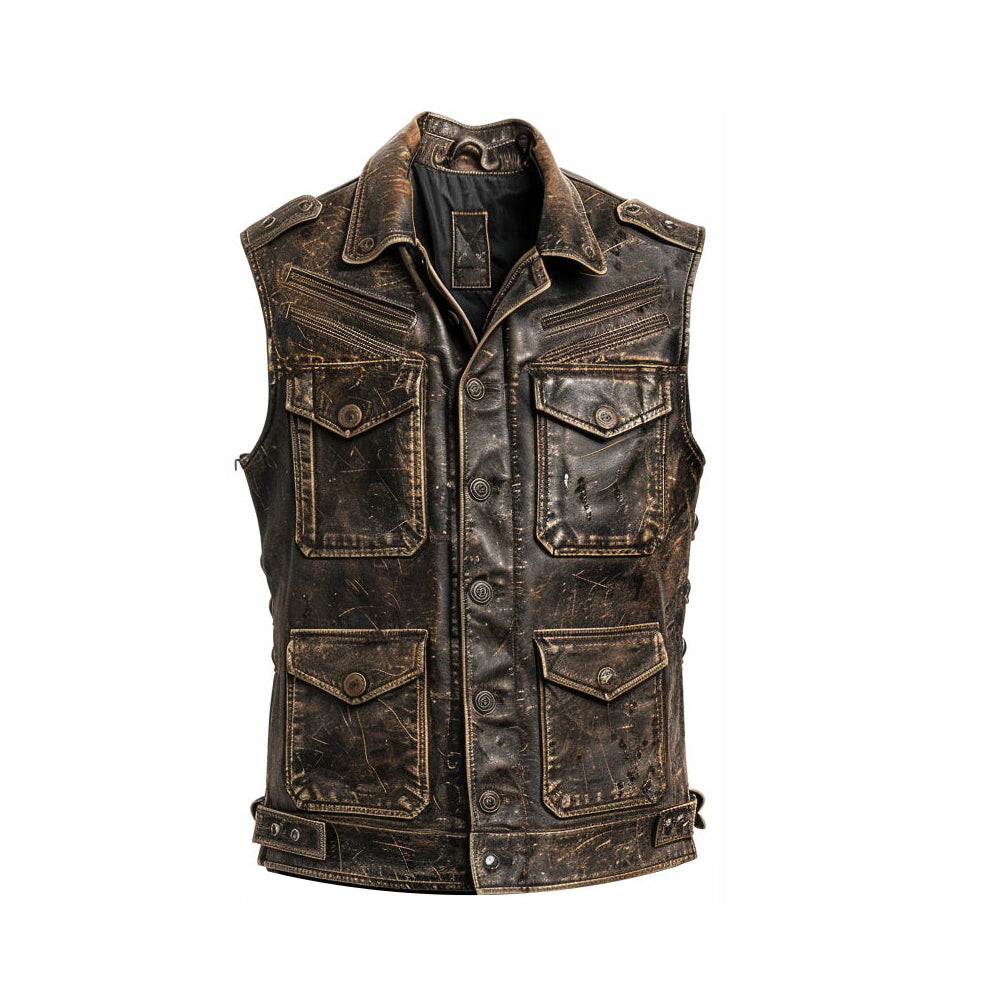 Unisex Strap Pockets Distressed Brown Leather Vest
