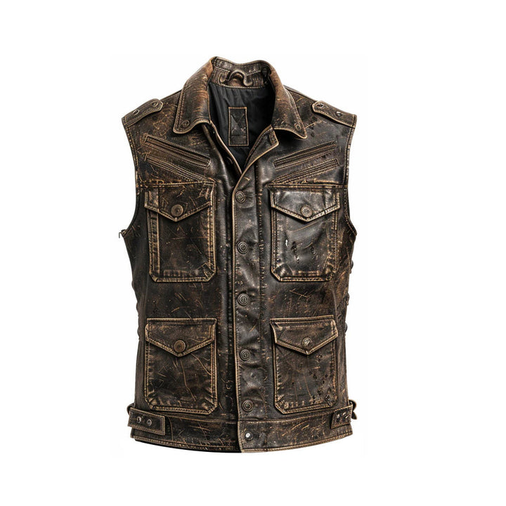 Unisex Strap Pockets Distressed Brown Leather Vest