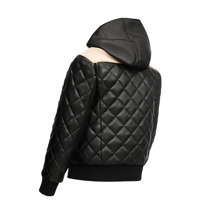 Hooded Bomber Puffer Leather Jacket Black