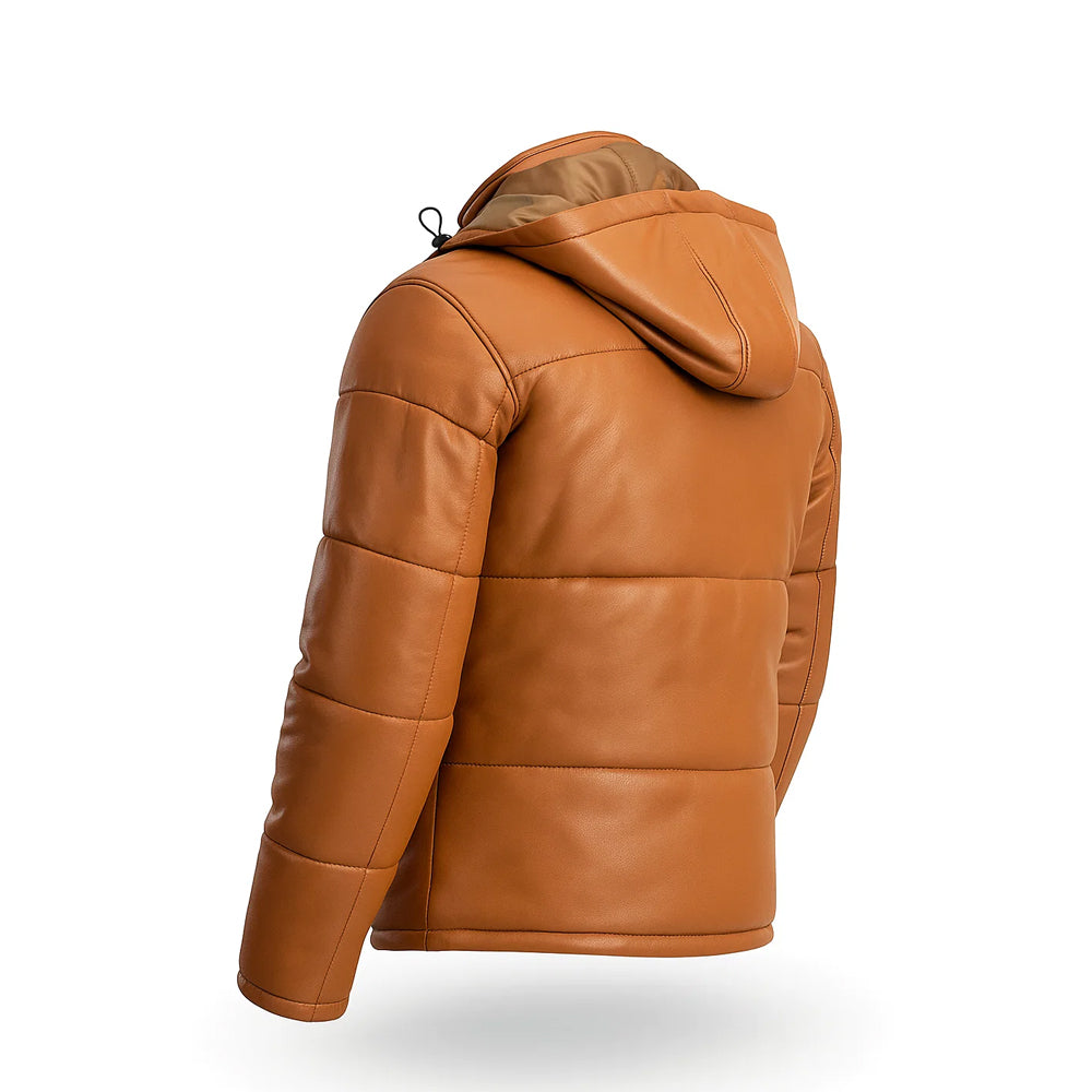 Hooded Puffer Leather Jacket Brown