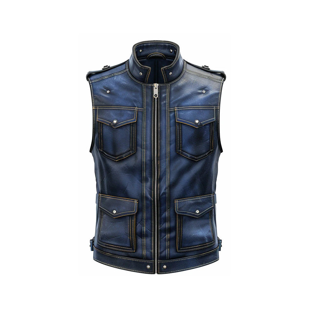 Men Blue Distressed Leather Vest