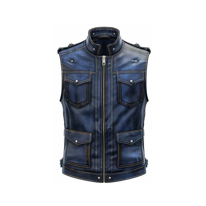 Men Blue Distressed Leather Vest