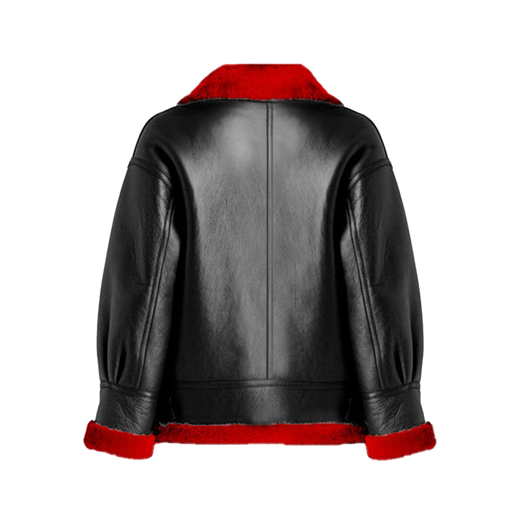 Women’s Aviator Leather Jacket with Red Shearling