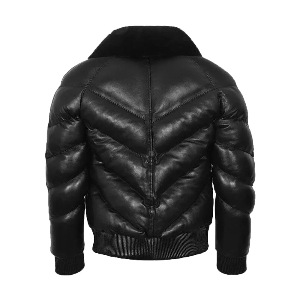 Puffer Padded Fur Bomber Leather Jacket Black