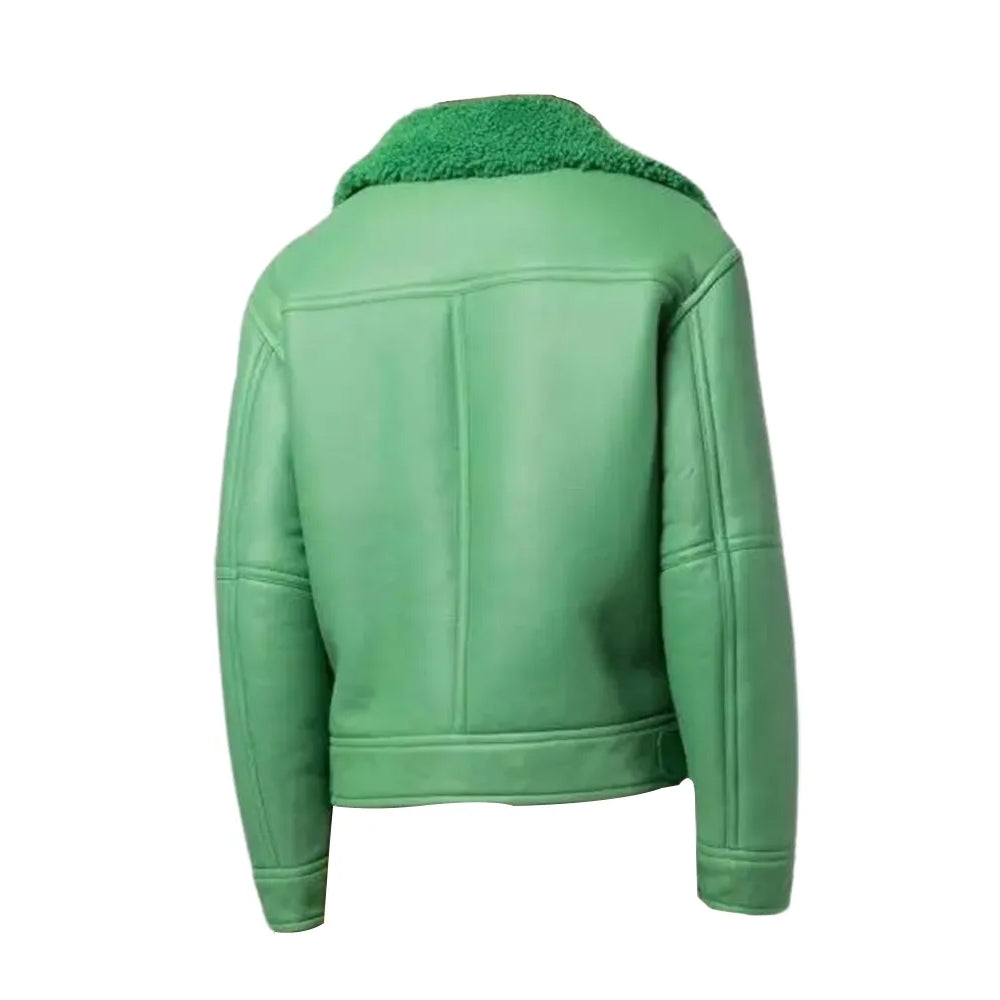 Women Green Aviator Shearling Leather Jacket