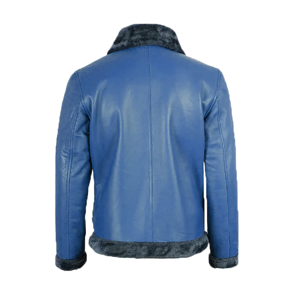 Men's Blue Fur Leather Shearling Bomber Jacket