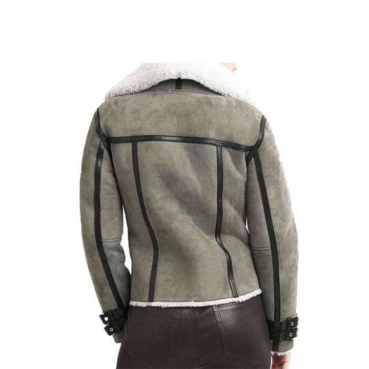 Women Asymmetrical Shearling Grey Leather Jacket