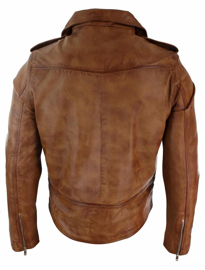 Real Leather Slim Fit Cross Zip Mens Retro Vintage Brando Jacket Vintage Biker-Tan